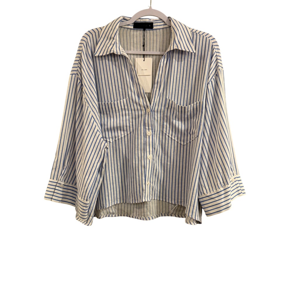 Zara Striped Linen Blend Boxy Button Down Shirt Women L Blue White Coastal
